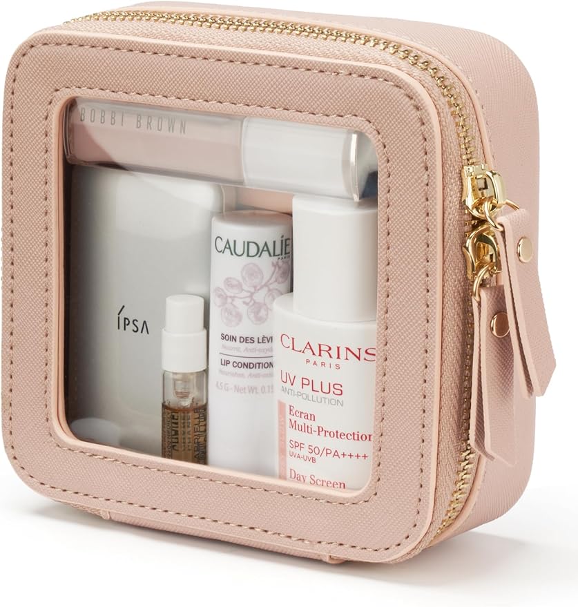 Small Makeup Bag for Purse Mini Cosmetic Bag Clear Pink Square Pouch for School Cute Leather Make Up Case Travel Organizer for Backpack Tiny Toiletry Bag with Zipper for Car Essentials Women Girls