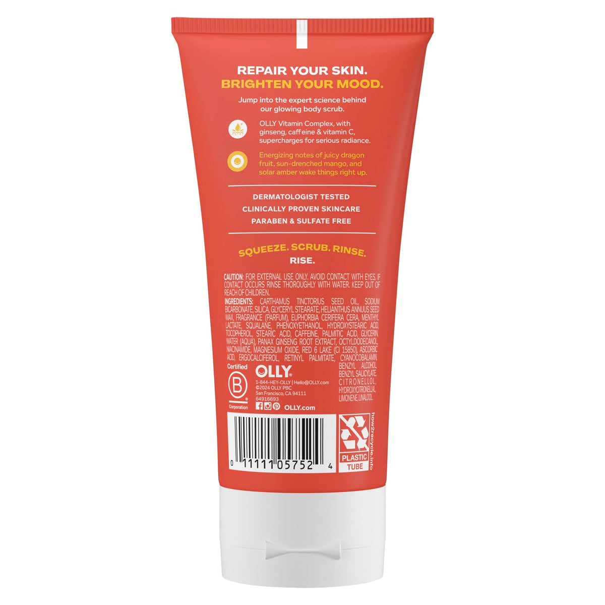 OLLY Bright Body Scrub with Ginseng, Caffeine & Vitamin C– Nourishing Cleanser for Skin Exfoliation, SkinBarrier Repair, Citrus Currant Scent, 6 oz