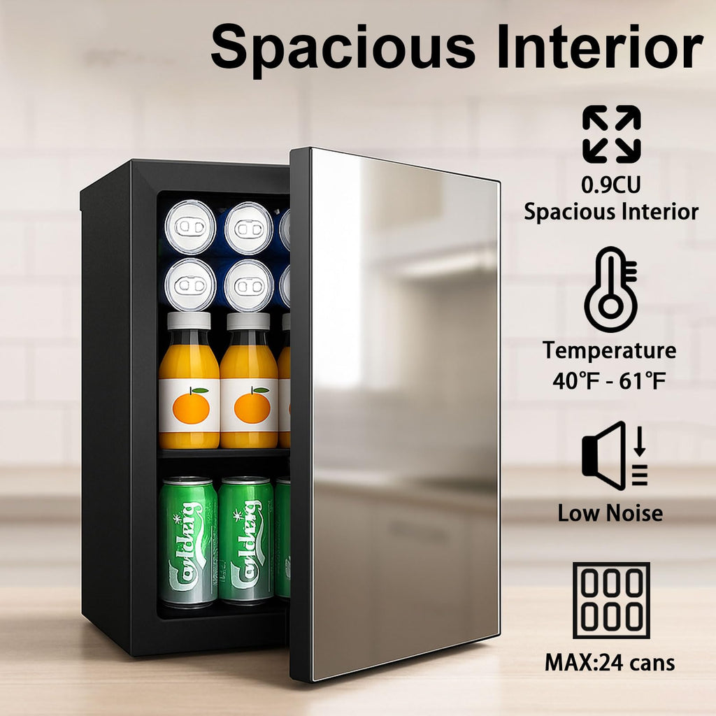 DOGHLY 0.9 Cu.Ft Mini Refrigerator and Beauty Fridge, 24 Cans Mini Fridge with Mirror Door, Temperature Control, Removable Shelf, Compact Cooler for Bedroom, Dorm, Office, Beverage Beauty Storage