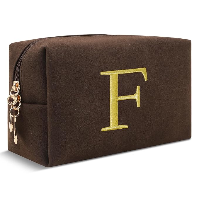 ChaoGreat Personalized Initial Makeup Bag,Preppy Cosmetic Bag for Teen Girls,Small Monogram Travel Toiletry Bag With Gold Embroidered Letter,Trendy Stuff Custom Christmas Gift for Women(Coffee-F)
