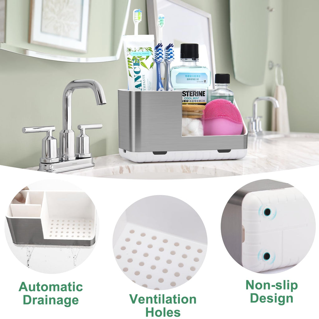 PARKMANI Toothbrush Holders for Bathroom Countertop Organizer, Brushed Nickel Tooth Brush Holder, Kids Electric Toothbrush and Toothpaste Holder with Drainage (Brushed Silver)