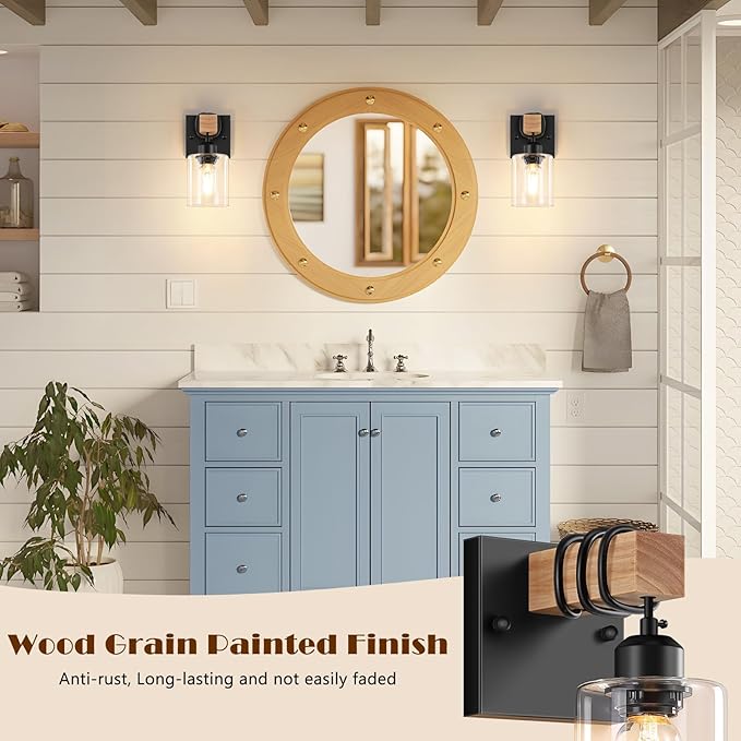 Licperron Set of 2 Wall Sconces for Bathroom, Farmhouse 1-Light Matte Black Bathroom Vanity Light with Clear Glass Shades, Indoor Wall Mount Lighting Fixtures for Bedroom Living Room Mirror Kitchen