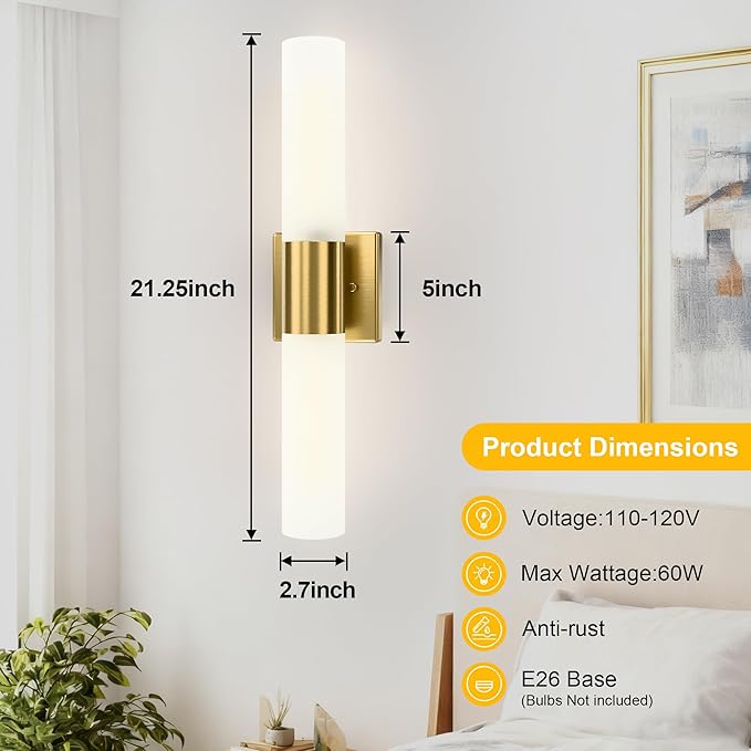 Kalium Wall Sconces Set of Two, Modern 21" Vanity, Frosted Glass, Gold