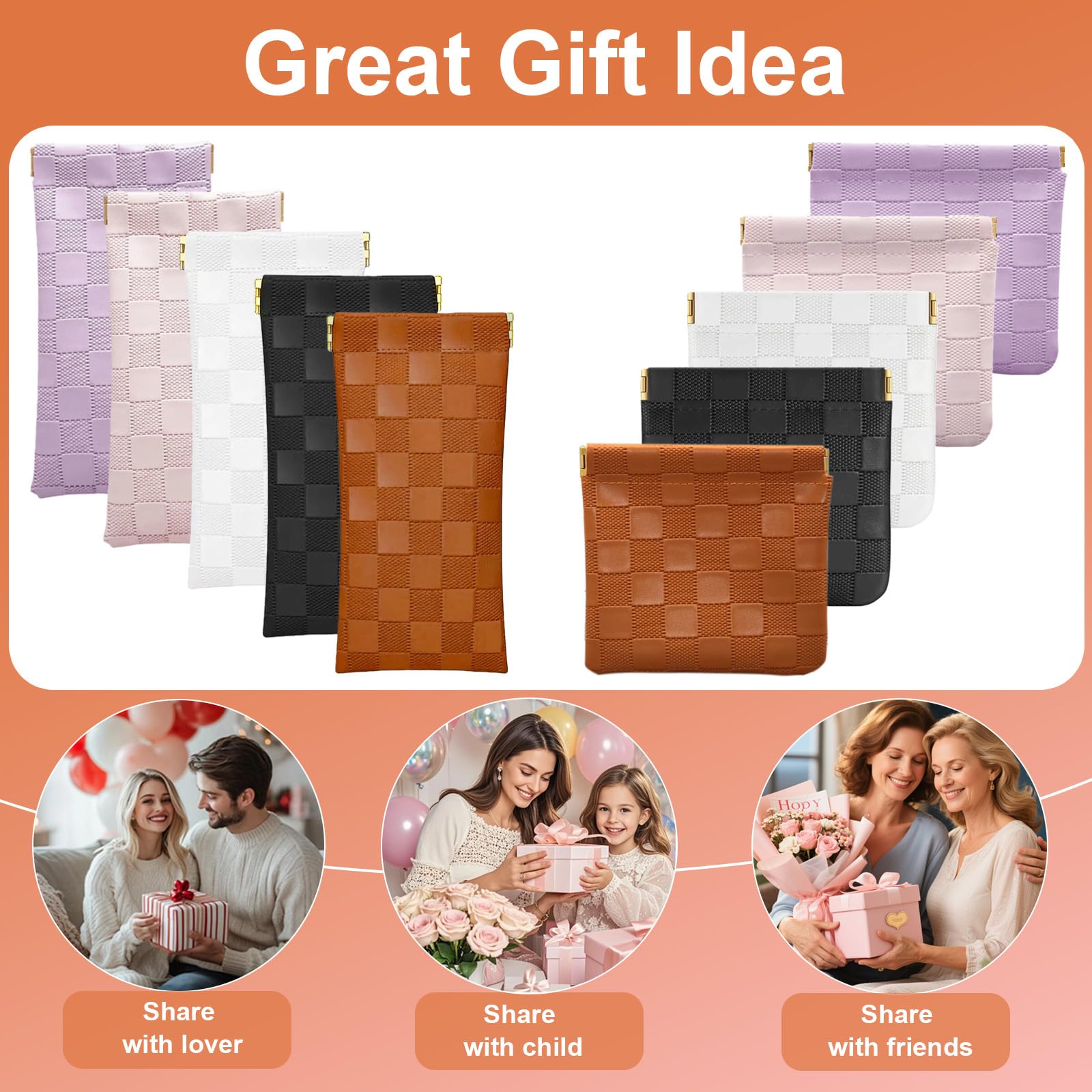 4Pcs Small Makeup Bag for Purse, Mini Checkered Leather Purse Pouches for Purse Small Makeup Pouch Small Coin Purse Organizer Pouches, Portable No Zipper Pocket Cosmetic Bag for Women (Black, Brown)