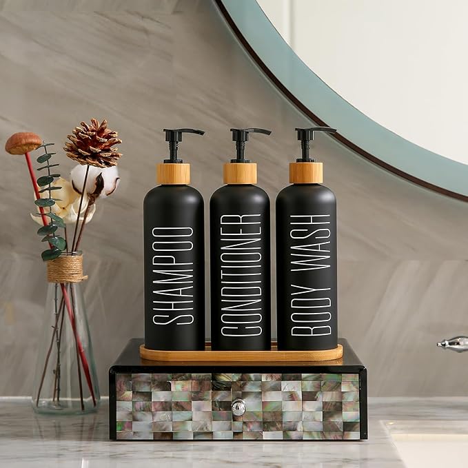Prus Waso Shampoo and Conditioner Dispenser with Bamboo Pumps & Tray, Perfect for Bathroom Essentials for New Home (Black)