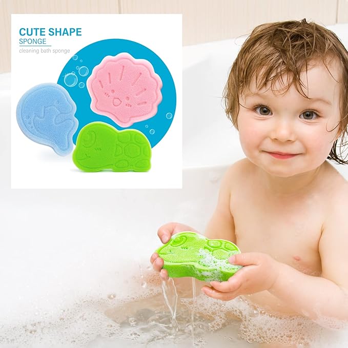 DANCELF Baby Bath Sponge, Natural Cute Shapes Soft Shower Sponges for Bathing, Bathtub Foam for Infants and Toddler, 3pcs: Blue Dolphin, Pink Shell, Green Turtle