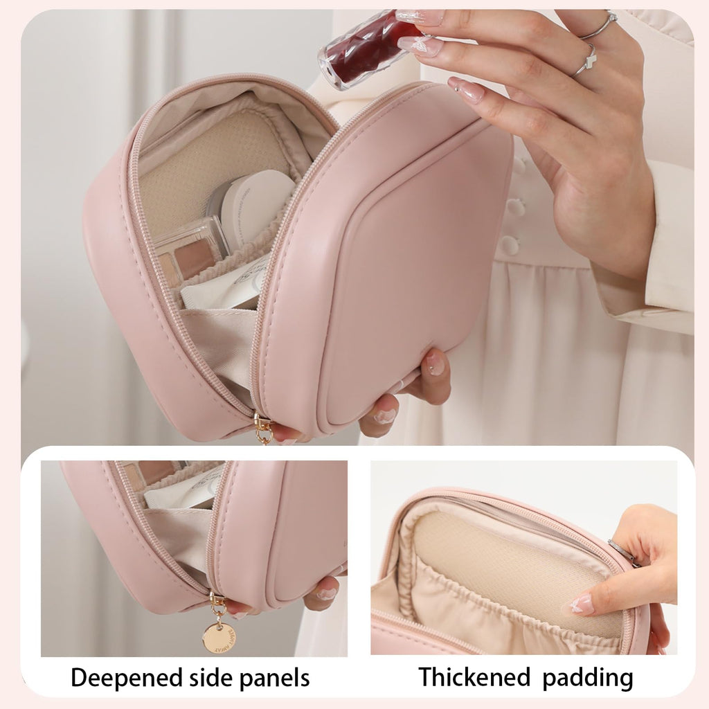RIGHT AWAY Small Makeup Bag for Purse,Cosmetic Bag Organizer for Women,Waterproof PU Leather Make Up Pouch Toiletry Bag with Pockets,Portable Makeup Case for Travel Accessories&Accessories(Pink)