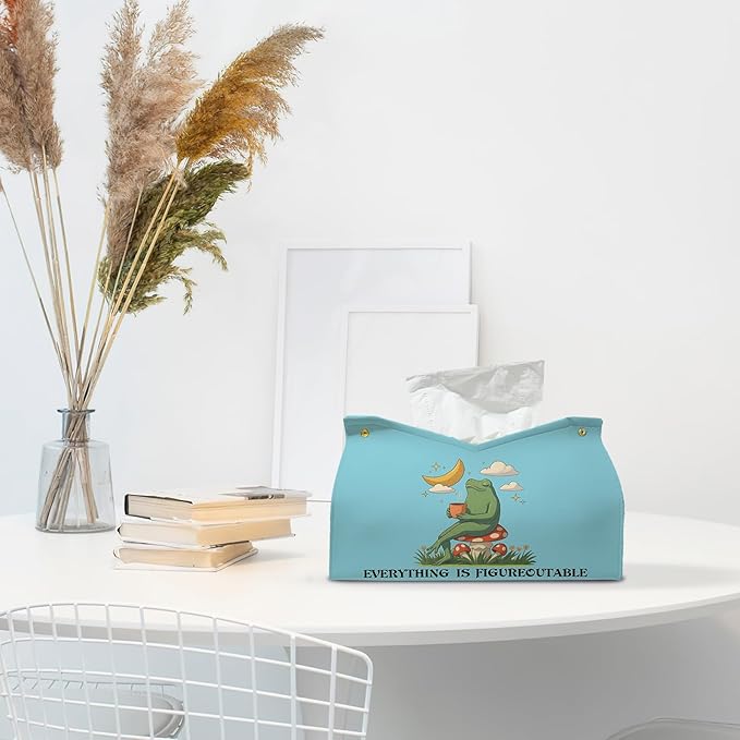 Bule Frog Motivational Tissue Box Cover,Mental Health Inspirational Toilet Paper Box Holder,Leather Decorative Facial Paper Case for Living Room Bathroom Kitchen Office Desk,9.8x5.9x5.9