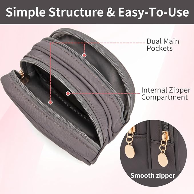 XIAOLER Small Makeup Pouch, Double Zipper Cosmetic Bag, Travel Makeup Bag, Cute Makeup Bag for Purse, Mini Toiletry Bag (Dark Grey)