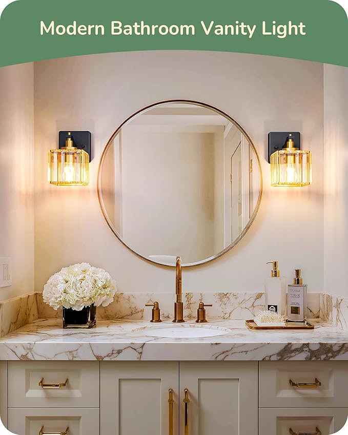 EDISHINE Black Gold Bathroom Vanity Light Fixtures with Crystal Shade, E26