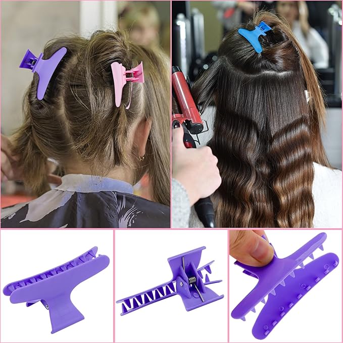 BAHABY Hair Clips for Styling Sectioning 12 Pack Pink Purple Blue Butterfly Clamps Hair Claw Clips Pro Salon Hair Clips for Styling, Sectioning, Cutting and Coloring