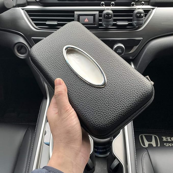 Sun Visor Tissue Holder, Zipper Napkin Holder, PU Leather Backseat Tissue Case for Car, Vehicle (Black)