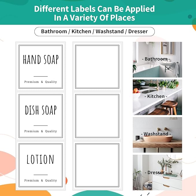 Segbeauty 18pack Waterproof Soap Labels, Farmhouse Kitchen Bathroom Organization Labels, 2.5in Reusable Removable Cleaning Hand Soap Dispenser Stickers for 10oz 16oz 32oz Plastic or Glass Bottles