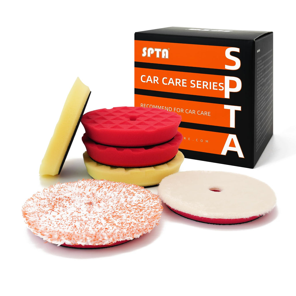 Buffing Polishing Pads, SPTA 3 Inch 80mm Body Repair Polishing Pad Set Made for 3 Inch Backing Plate, 6 Pcs Buffing Pads with Sponge, Wool and Micro-Fiber Pad Set (5 Inch (125mm) Sets)