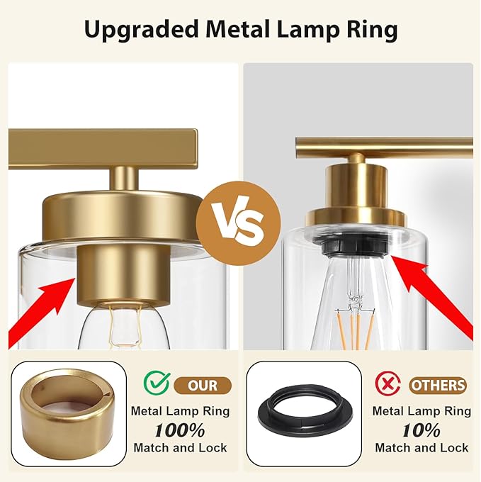 IZORRO Modern Bathroom Light Fixtures, 3 Light Brushed Gold Vanity Lights, Bathroom Lighting Fixtures Over Mirror with Clear Glass for Living Room Cabinet Bedroom