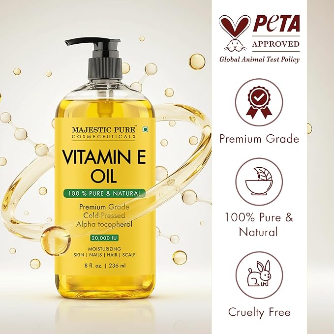 Majestic Pure Oil - 100% Pure and Natural- Cold Pressed & Hexane Free Natural Hair Growth Oil for Eyelashes, Eyebrows, Skin, Body, Face, Nails & Scalp - Vitamin E Oil 8 Fl Oz