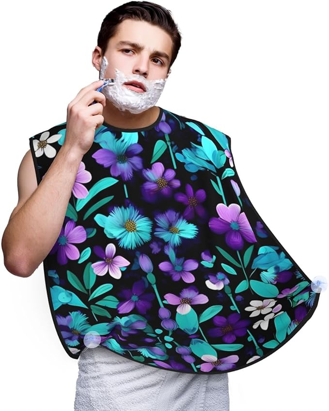 Purple And Teal Flowers Print Beard Bib Shaving Apron, Beard Hair Trimming Cape Gift For Dad