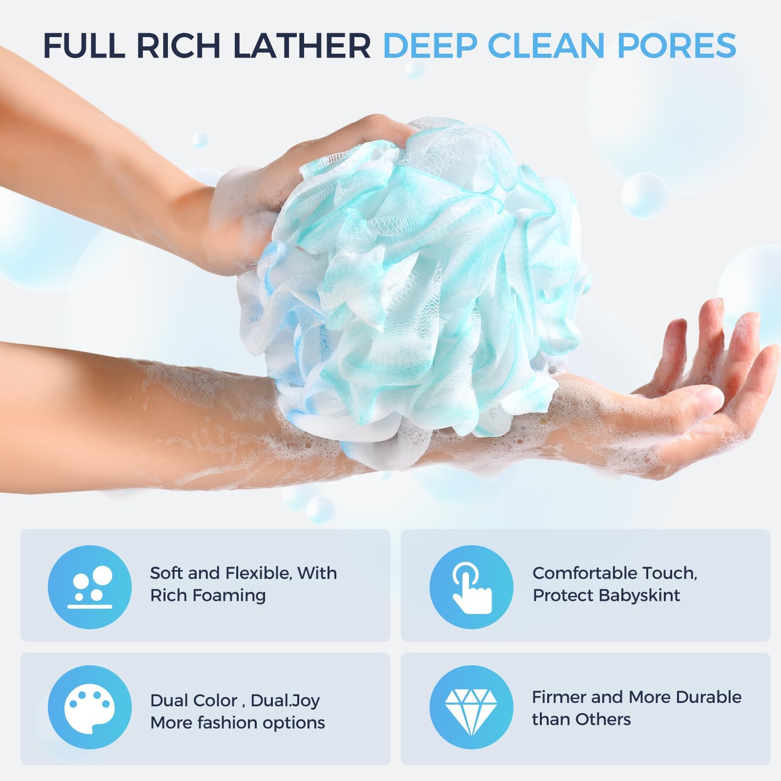 DadyMart Shower Loofah Sponge Pouf – XL Exfoliating Bath Puff Body Scrubber, Soft Mesh Shower Sponge with Reinforced Knot, Rich Lather, Set of 4 for Women and Men