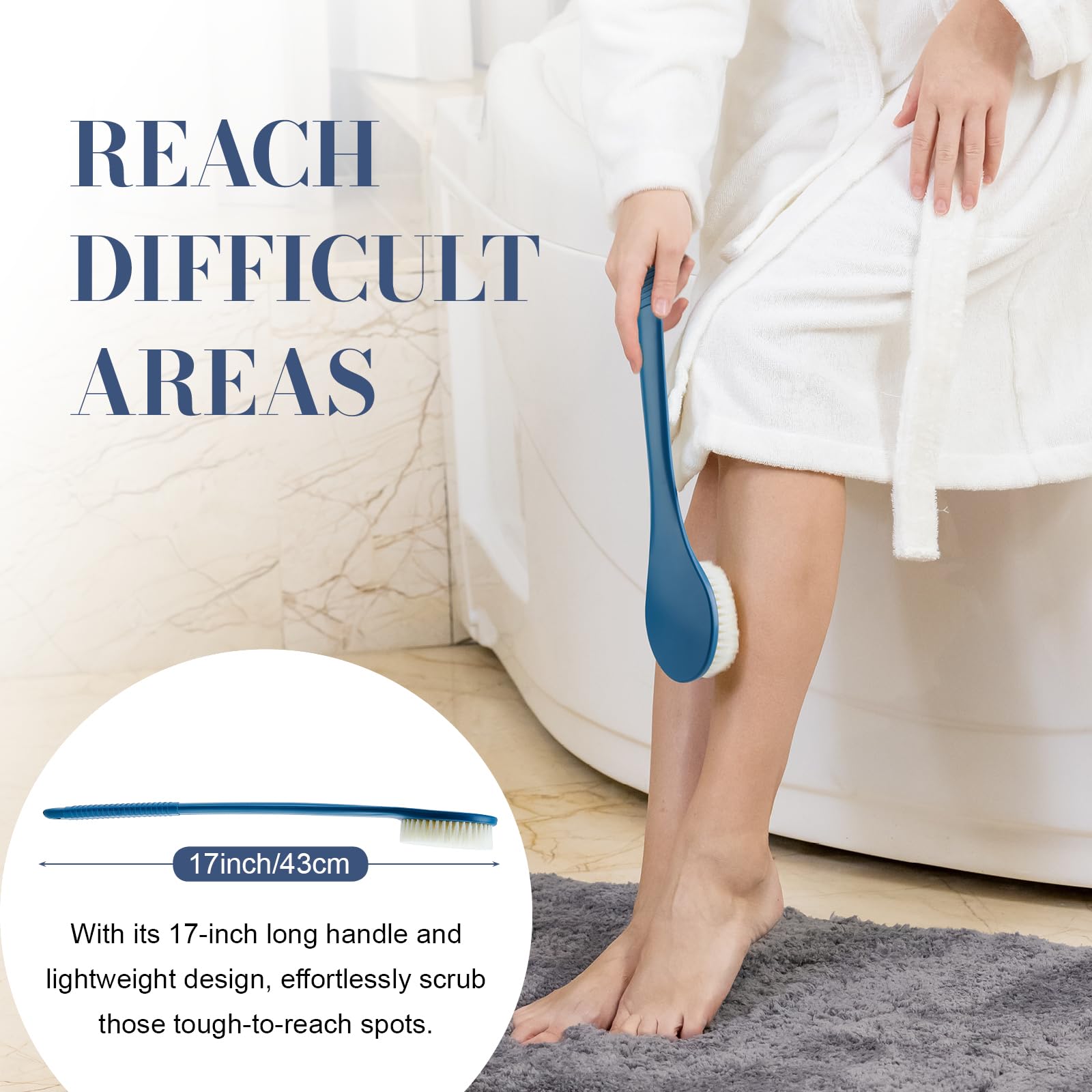 Back Scrubber for Shower, Shower Body Brush for Cleaning with Long Handle for Showering, 17 Inch Back Washer Exfoliator for Shower Men Women with Non-Slip Handle, Adhesive Hook (Navy Blue)