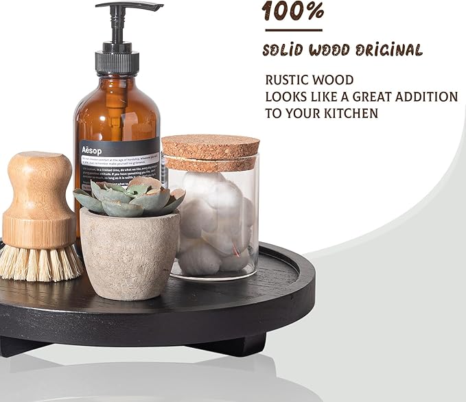 Round Decorative Tray Wood Bathroom Counter Organizer Farmhouse Kitchen Decor Wooden Riser for Soap Dish, Perfume, Candle, Sponge, 10" - Black