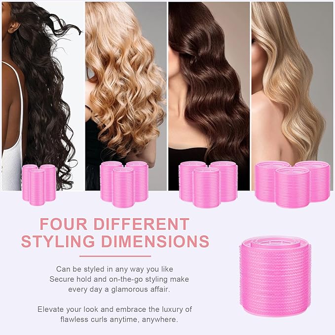 IKOCO Hair Rollers Set, 4 Sizes with 12 Clips and Comb - Self Grip Curlers for Long/Short Hair, Thermal Safe Rollers for Salon-Worthy Styling Pink