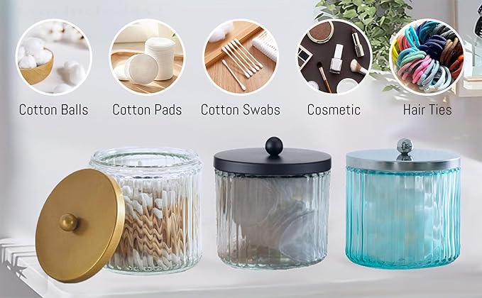 KMwares 2-Pack Glass Qtip Holder Dispenser Set for Cotton Ball, Swab, Round Pads, Floss Picks - Bathroom Canister Storage Organization and Vanity Makeup Organizer(Olive Green)