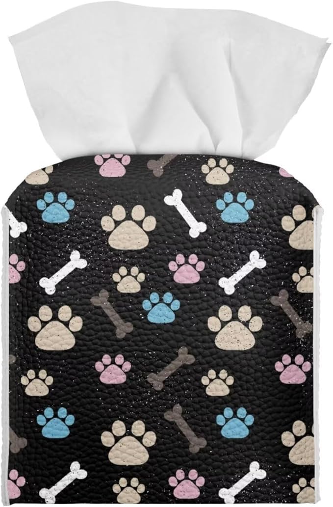 White Dog Paws Tissue Box Holder Portable Lightweight Square Tissue Box Cover Holder with Metal Button Waterproof Napkin Case for Home Office Car Automotive Decor