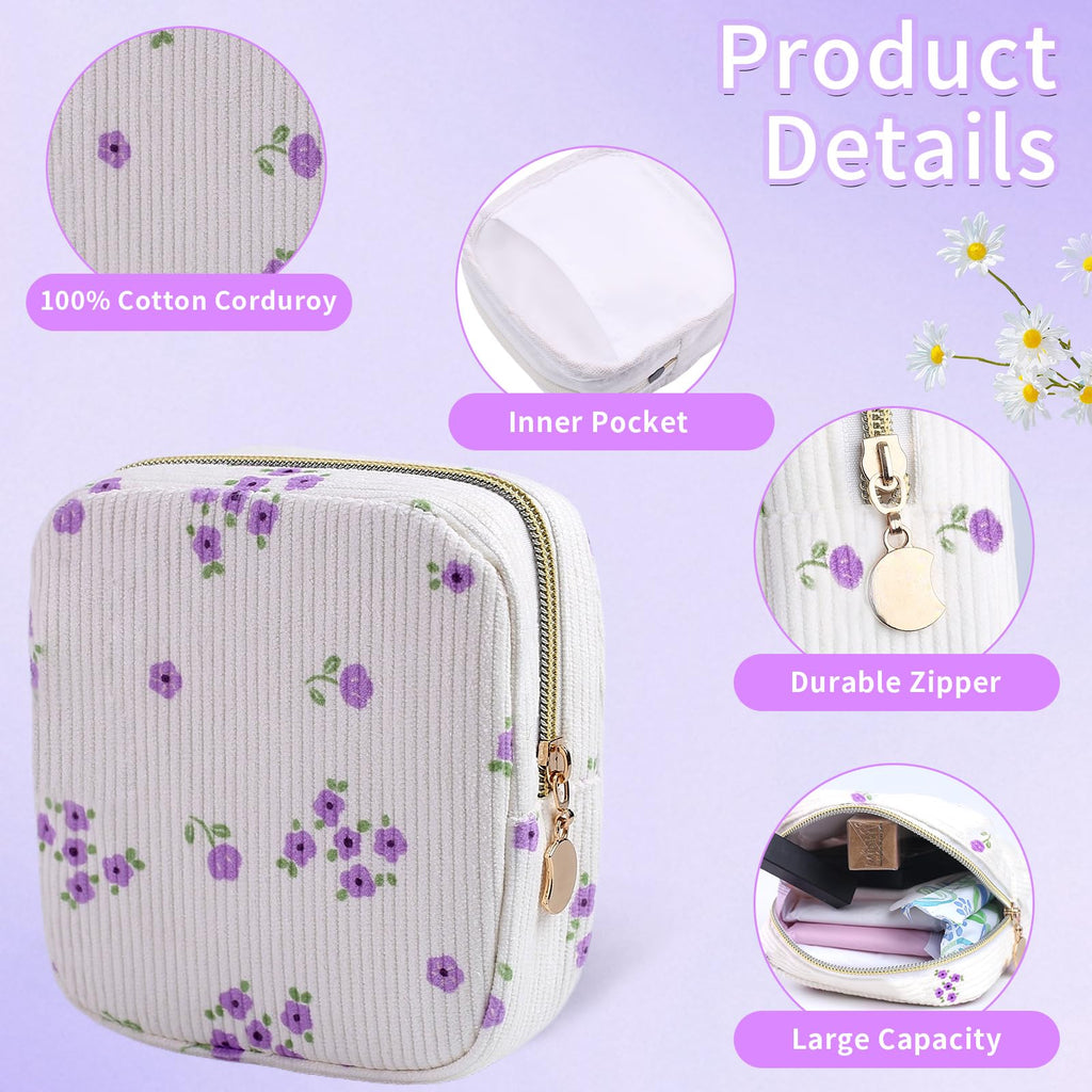 Teircno 2-Pack Period Bag for Women Girls, Portable Corduroy Sanitary Napkin Storage Bag Period Pouch Small Discreet Menstrual Pouch, Sanitary Pads Bag Period Kits Tampons Holder for First Period