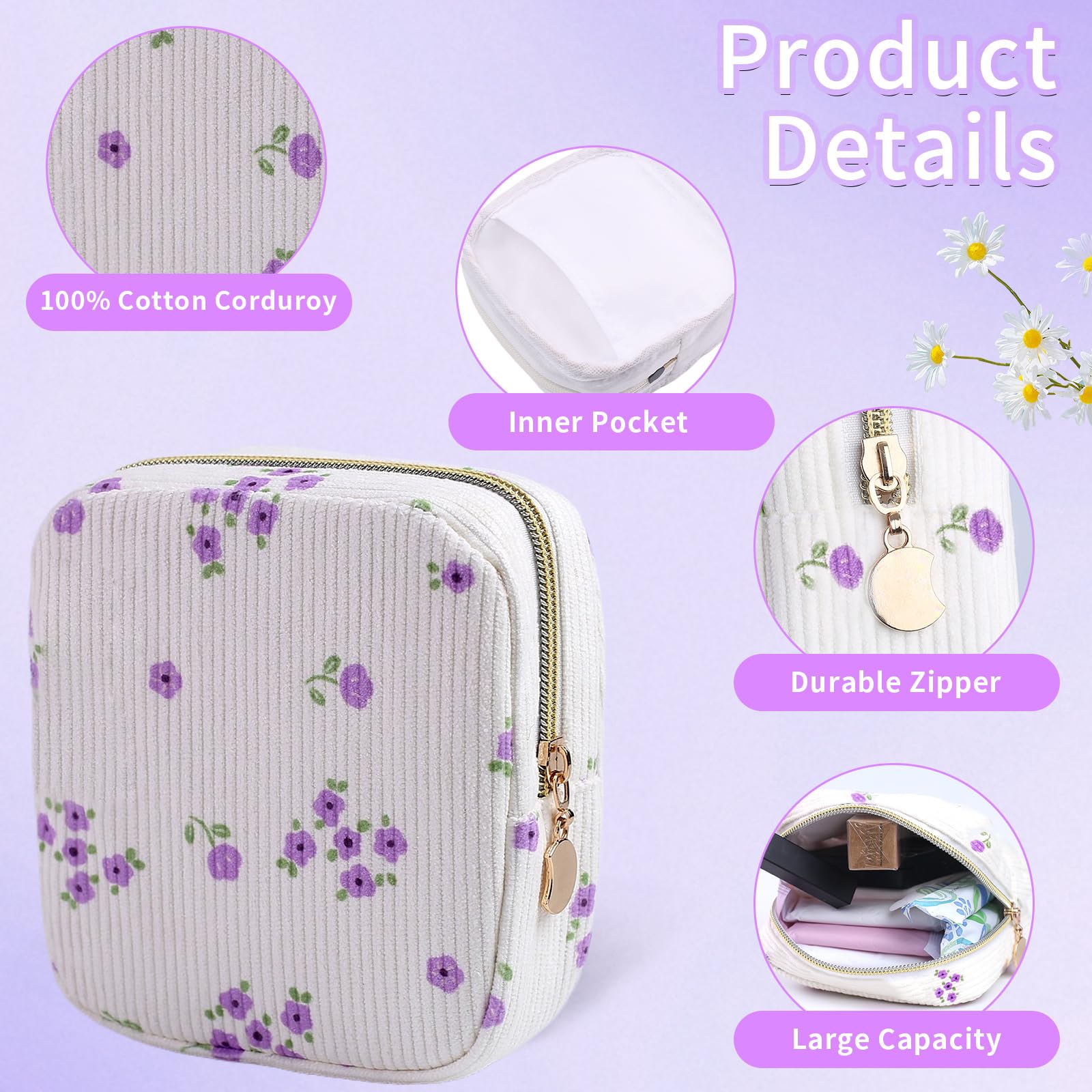 Teircno 2-Pack Period Bag for Women Girls, Portable Corduroy Sanitary Napkin Storage Bag Period Pouch Small Discreet Menstrual Pouch, Sanitary Pads Bag Period Kits Tampons Holder for First Period