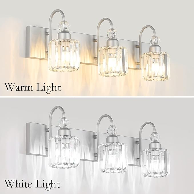 Ralbay Crystal Vanity Light - 3 Light, 24'' Modern Silver Bathroom Vanity Light Fixtures Over Mirror Wall Lights