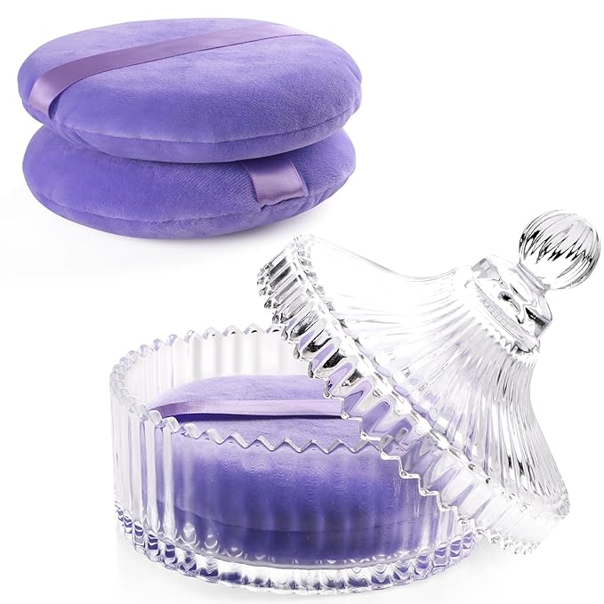 YINGMAN 3Pcs Extra Large Body Powder Puff & Luxury 6" Glass Jar Dusting Powder Container with Puff for Women Bath Powder Puffs Perfect for Talcum or Loose Powder (Light Purple)