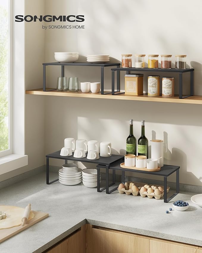 SONGMICS Cabinet Organizer Shelf, Set of 2 Kitchen Counter Shelves, Kitchen Storage, Spice Rack, Stackable, Expandable, Metal and Engineered Wood, 15.6 Inches, Ink Black and Charcoal Black UKCS025B01