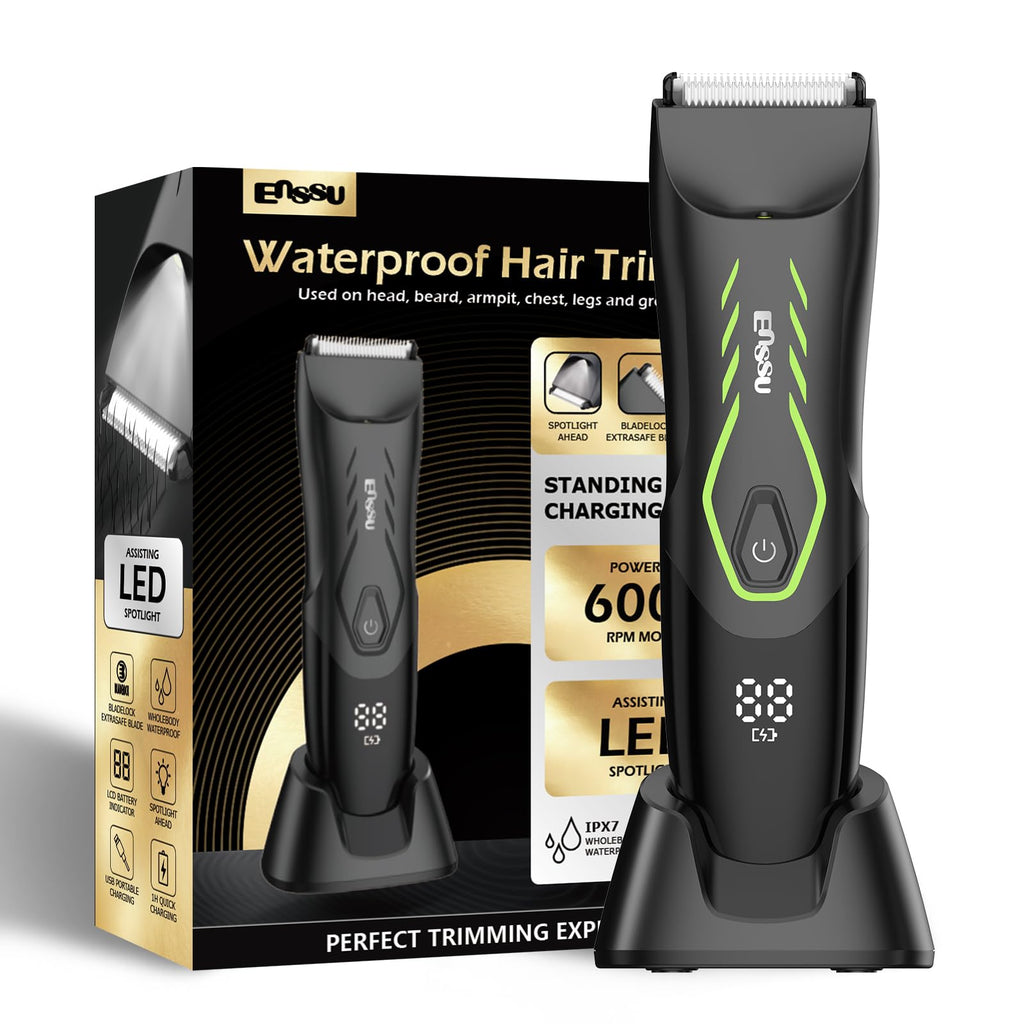 ENSSU Manscape Body Hair Trimmer for Men, Pubic Groin Hair Trimmer for Men with Safe Blade, Cordless Ball Shaver w/Light, Charging Dock, Waterproof Body Groomer Man, LED Display, 1H Charge,Green