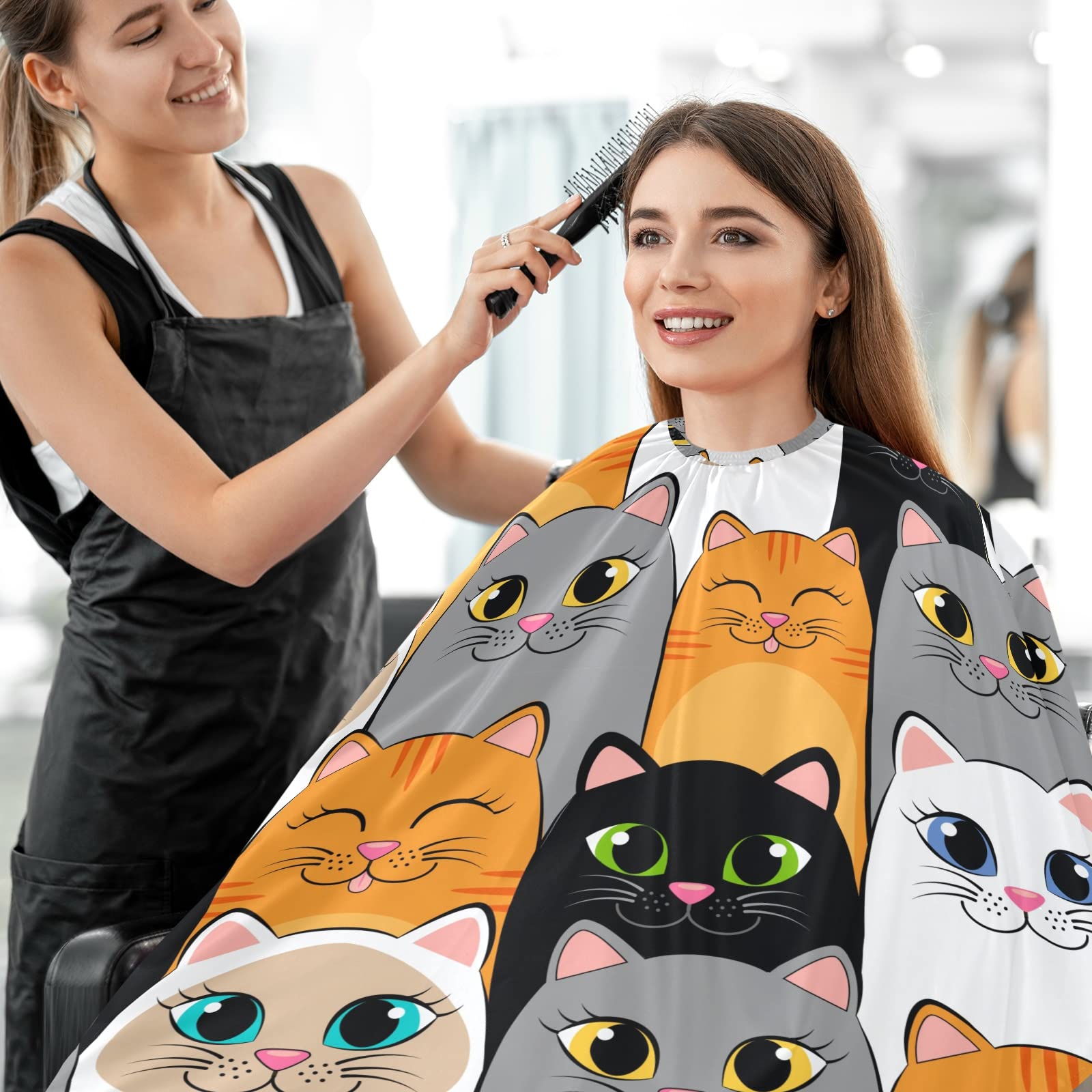 visesunny Barber Cape Gray White Cat Animal Polyester Hair Cutting Salon Cape Apron Anti-Static Haircut Water-Resistant Shaving Cloth Beard Shaving Bib Hairdressing Cape