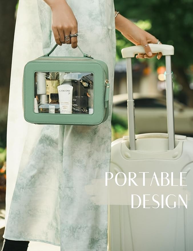 Popvibe Clear Makeup Bag Travel Cosmetic Case Transparent Toiletry Bag with Zipper, Portable Make Up Organizer Traveling Compact Car Bag for Essentials, Sage Green, Medium and Large