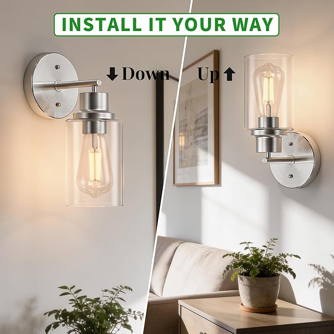 2-Pack Brushed Nickel Bathroom Wall Sconces, Modern Vanity Light Fixtures with Clear Glass Shade, 1-Light Wall Lamps Over Mirror for Bathroom, Bedroom, Hallway, Living Room