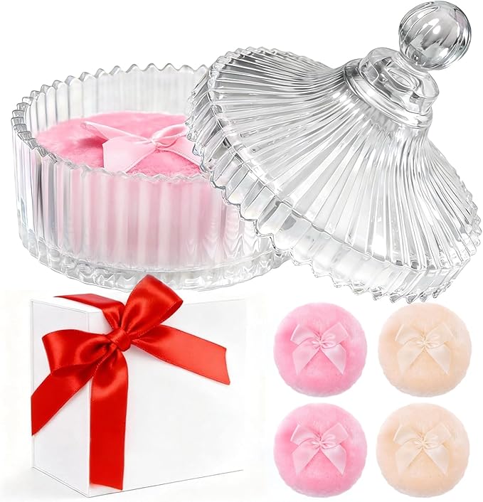 HUGOMOVA 5 Pcs Extra Large Body Powder Puff and Container Set – 5.43" Oversize Crystal Powder Container | 3.54" Ultra-Soft Velour Puff, Washable & Reusable, Ideal for Face (Clear)