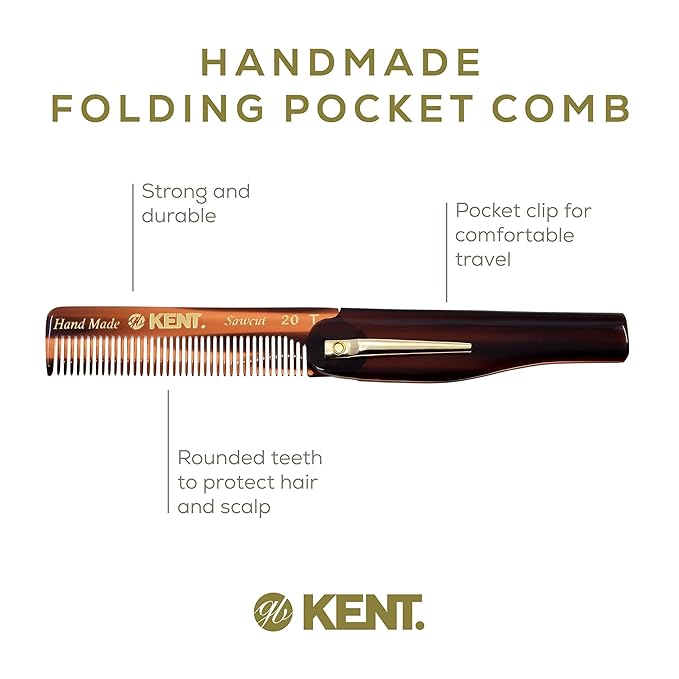 Kent 20T Handmade Fine Tooth Folding Comb with Hand Made 81T Mini Pocket Comb for Beards and Mustache - Beard Growth/Fine Tooth - Beard Straightener for Mens Grooming Kit