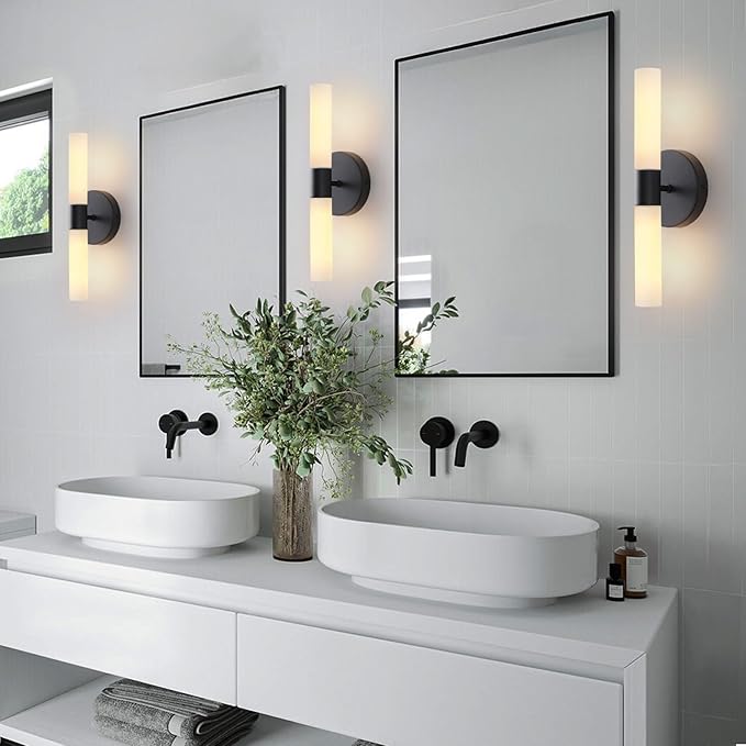 Wall Sconces Set of Two Matte Black Bathroom Wall Sconce Light Set of 2 Modern Wall Light Fixtures Metal Sconces Wall Lighting with White Glass Shade Wall Mounted Lamp for Living Room