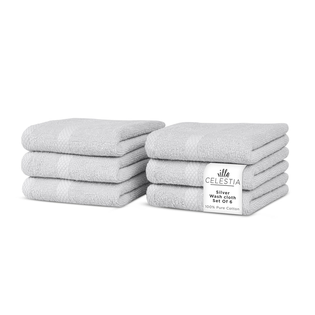 Villa Celestia Cotton Washcloths Set of 6, 12x12 Inch, 100% Ring-Spun Combed Cotton, Soft Absorbent Quick-Dry Wash Cloths for Face and Body, Oeko-TEX Certified, Hotel & Spa Quality, Silver Grey