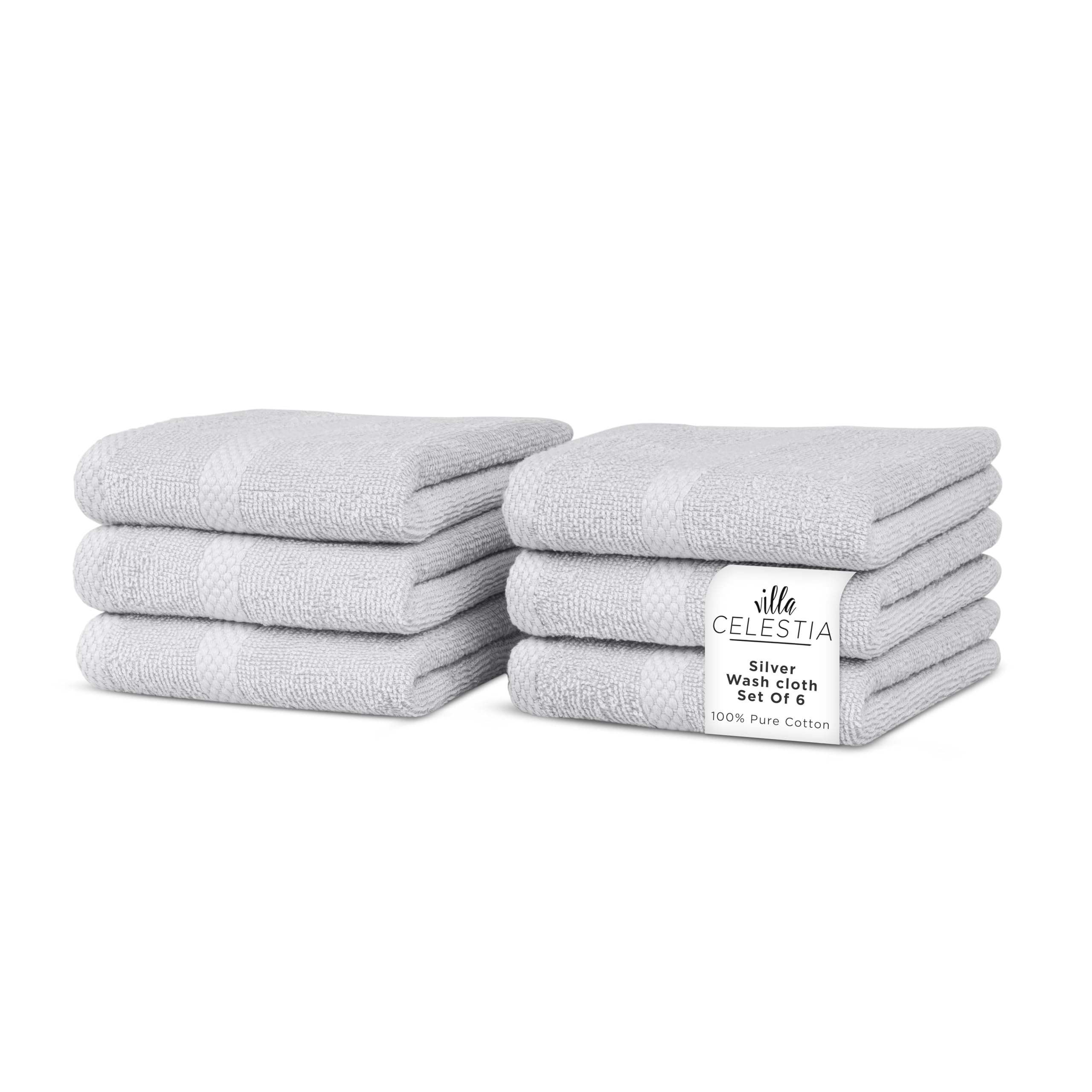 Villa Celestia Cotton Washcloths Set of 6, 12x12 Inch, 100% Ring-Spun Combed Cotton, Soft Absorbent Quick-Dry Wash Cloths for Face and Body, Oeko-TEX Certified, Hotel & Spa Quality, Silver Grey