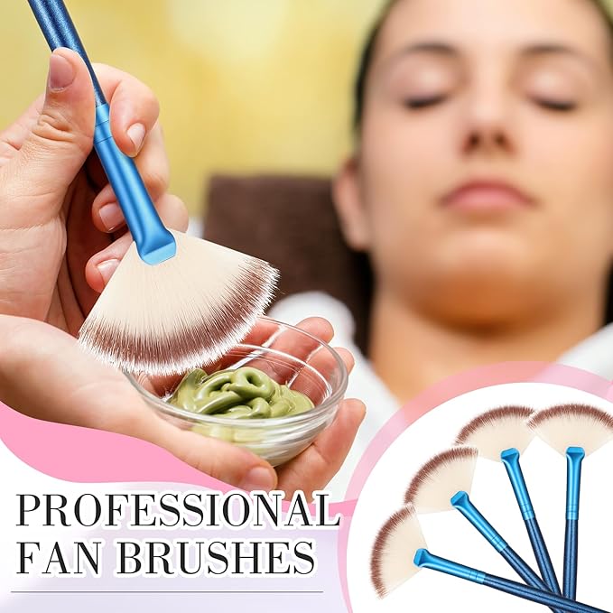 Ziliny 12 Pcs Soft Facial Fan Brush Blush Makeup Brush Face Mask Acid Applicator Multi Use Cosmetic Tools for Peel Mask Makeup for Mud Cream(Blue)