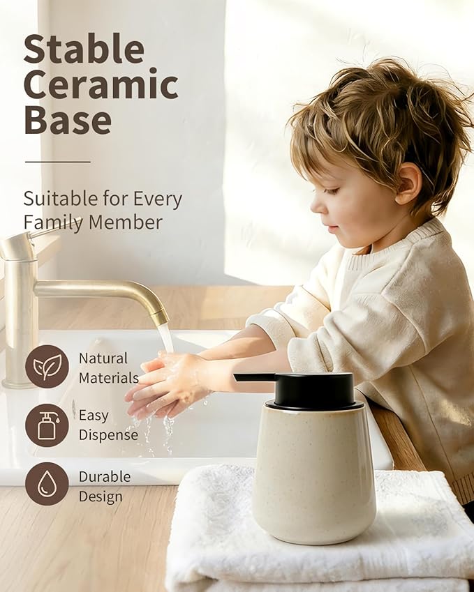 BosilunLife Hand Soap Dispenser - Ceramic Dish Soap Dispenser for Bathroom 12ounce Refillable Liquid Hand Wash Dispenser for Essential Oil, Lotion Soap, Greige with Speckle