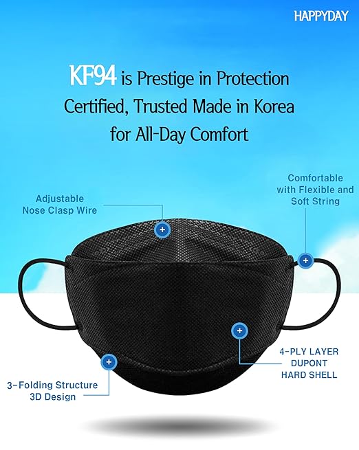 HAPPYDAY , 25 Packs, Made in KOREA Premium KF94 Micro Dust Protection Individually Packaged Black Face Mask Large