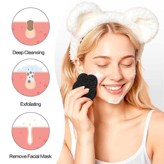 50-Count Facial Sponges Compressed Facial Sponges Natural Facial Cleansing Sponges Pads Cute Flower Shape Exfoliating Sponges for Cleansing Reusable,Best Makeup Gift, Black
