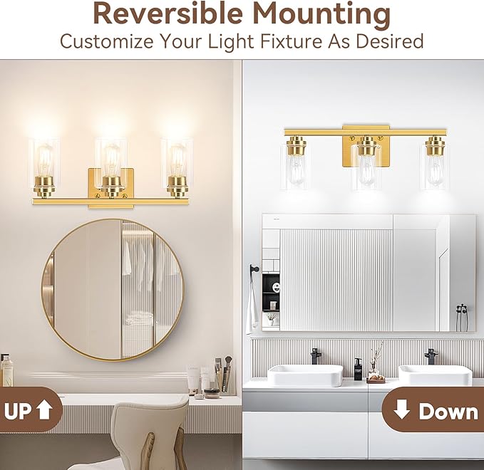 VerRon 19" Gold Modern Vanity Lights Over Mirror with Clear Glass Shades