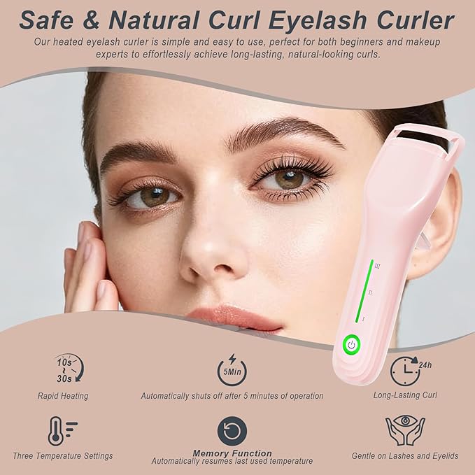 Heated Eyelash Curler for Women, Type-C Rechargeable with 3 Temp Settings & Silicone Pad for Natural C Curl, Travel-Friendly Heated Lash Curler (Pink)