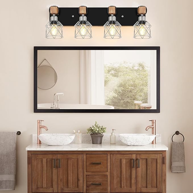 FadimiKoo Farmhouse Vanity Light for Bathroom, 4-Light Rustic Wood Black Bathroom Light Fixtures with Elegant Silver Metal Cage, Vintage Vanity Lights Over Mirror for Living Room Bedroom Hallway