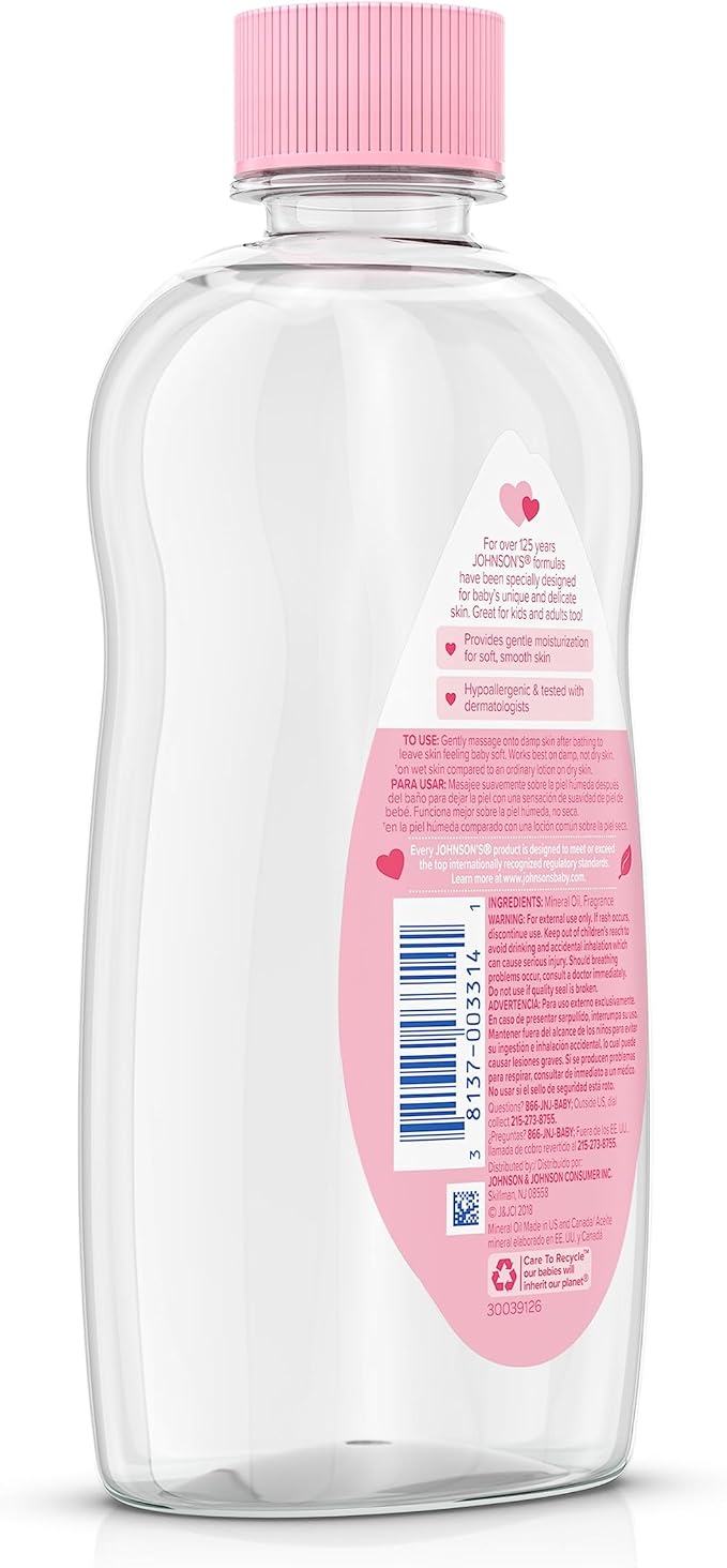 Johnson's Baby Oil, Pure Mineral Oil to help Prevent Moisture Loss for baby, Kids & Adults, Gentle & Soothing Baby Massage Oil for Dry Skin Relief, Original Scent, 14 fl. oz(Pack of 6)