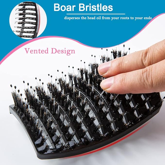 TaiBest Boar Bristle Hair Brush Set - Dry/Wet Hair Brushes Detangler for Fine, Thick, Curly Hair - Curved and Vented Hair Brush for Women, Men or Kids